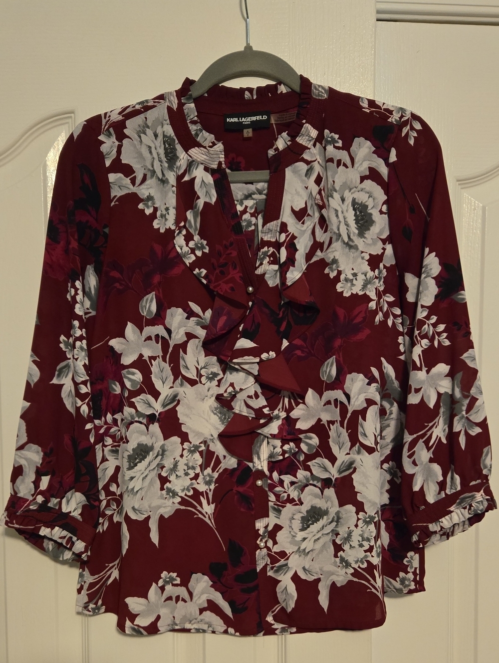 Karl Lagerfeld Burgundy Floral Ruffle Front Blouse